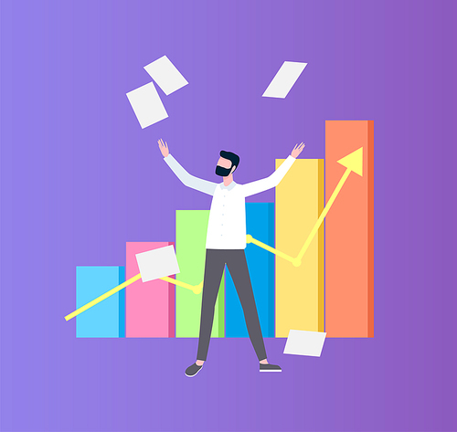 Man throwing up papers near colorful flowchart with arrow, success scheme and growth statistics on diagram. Person with project and strategy vector