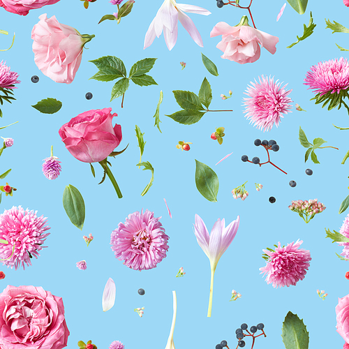 Elegance Seamless wallpaper pattern with of pink flowers on blue background