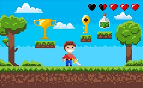 Pixelated scenery vector, pixel art game process with hero character and nature, life in form of hearts, elixir in bottle, award on layer, golden key