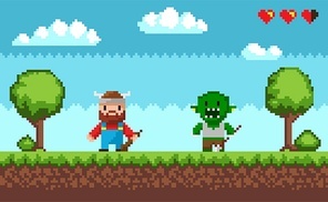 Arcade pixel game vector, viking with weapon and troll character fighting. Scenery with health point, pixelated hearts and grass, sky with clouds and trees nature