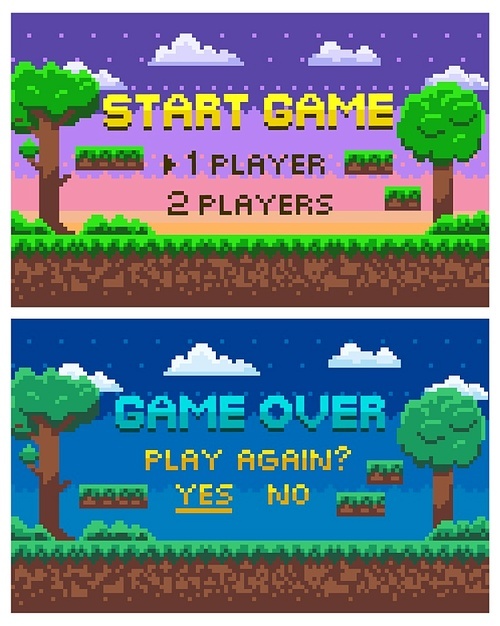 Game over scenes for fights and places of leaves, evening and night views, players option between one or two gamers, pixel trees and stars, clouds. Platformer video-game. 8 bit pixelated art app gemes