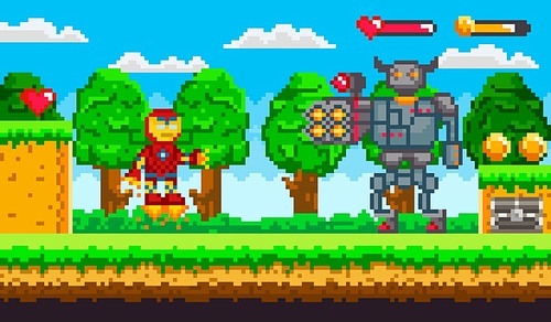 Pixel art 8 bit game ranger or robot and minotaur fighting. Old retro computer game or arcade characters, warriors, monsters with firearms vector. Platformer video-game. Pixelated app gemes