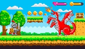 Pixel game knight in armor with sword and shield fighting with red fire belching three headed dragon for chest of money. Platformer video-game. Retro computer arcades. 8 bit pixelated art app gemes