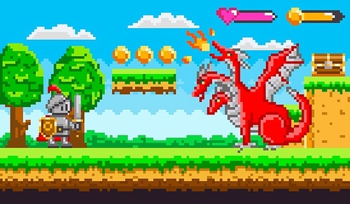 Pixel game knight in armor with sword and shield fighting with red fire belching three headed dragon for chest of money. Platformer video-game. Retro computer arcades. 8 bit pixelated art app gemes