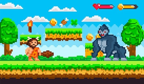 Pixel game with caveman wearing animal pelt with a baton against huge gorilla. Prehistoric bearded man, primitive stone age character arcade. Platformer video-game. Retro 8 bit pixelated art app gemes