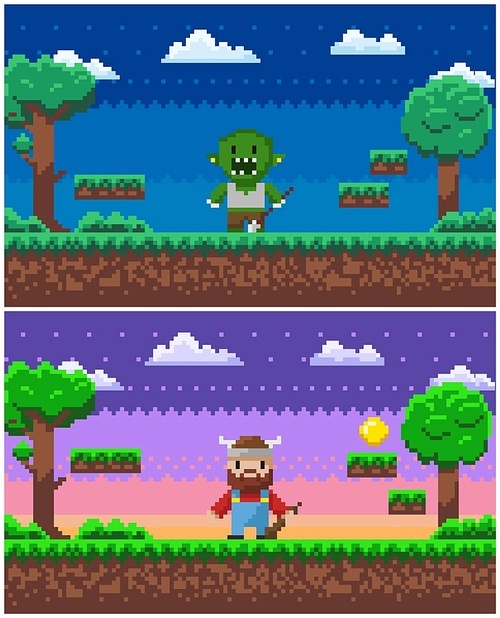 Game in 8 or 16 bit style vector, pixel art characters on scene with trees and bushes, viking with weapon and troll, points for score gold medal coin, pixelated video-game landscape