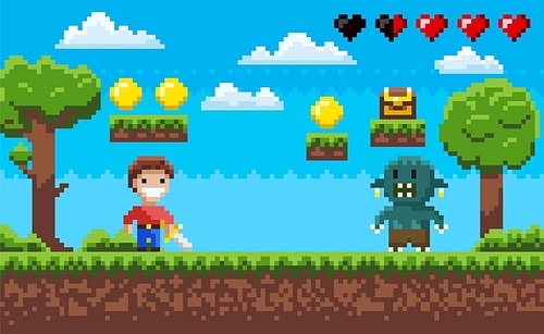 Pixel 8 bit retro game vector, character fighting against monster, health rate in form of hearts, zombie vs human, apocalypse. Trees and nature pixelated video-game