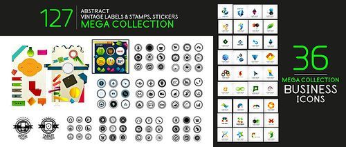 Vector vintage labels, sticker, stamps, price tags and other. Business symbols. Mega collection of icons