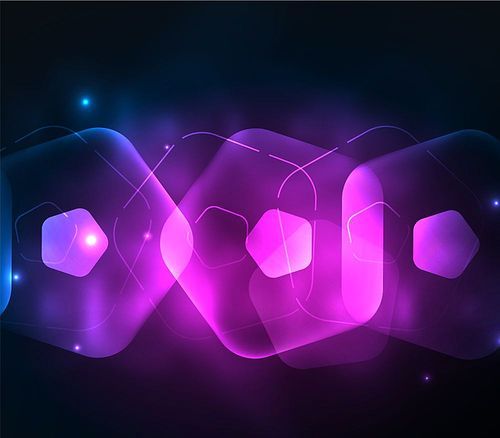 Glowing purple glass transparent pentagans, geometric abstract digital background. Vector illustration