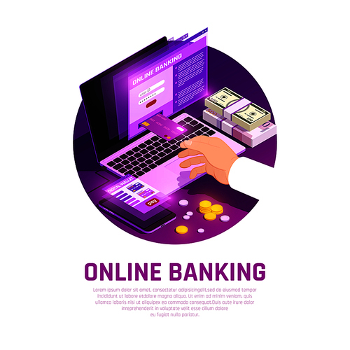 Online banking app with user interface elements for laptop and smart phone isometric round composition vector illustration