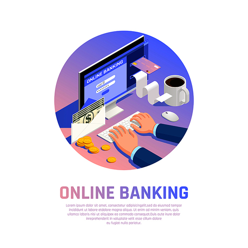 Accounting isometric round composition with online banking for income and payment vector illustration