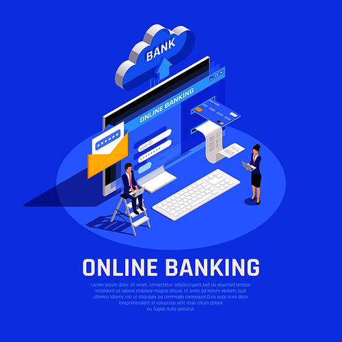 Internet banking isometric composition with online account login credit card cloud storage security service background vector illustration