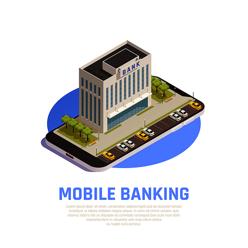Internet online banking services isometric symbolic composition with financial head office edifice on mobile screen vector illustration