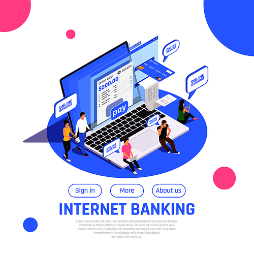 Internet banking home page isometric design with sign in button online payment money transfer composition vector illustration
