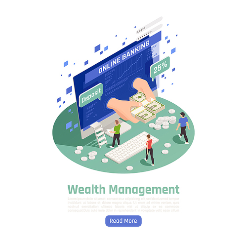 Business private bank accounts online management easy reliable secure with associated credit debits cards isometric composition vector illustration