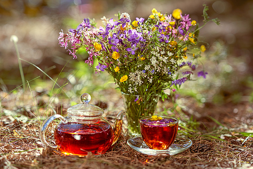 Tea party in the open air. Close-up of a Cup and teapot in nature in the forest. Bouquet of flowers