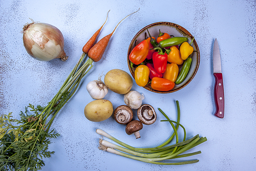 A colorful assortment of vegetables on a light blue background.