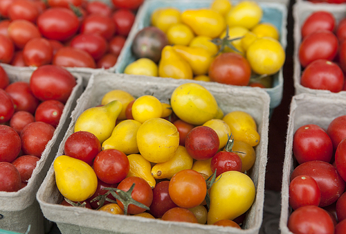 Containers of red and yellow cherry tomatoes on display.