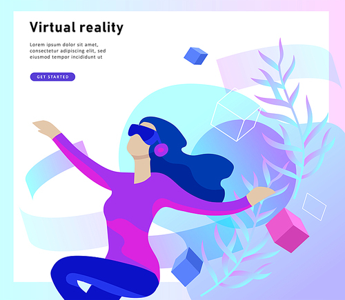 Man and woman wearing virtual reality headset and looking at abstract sphere. Colorful vr world. Virtual augmented reality glasses concept with people learning and entertaining. Landing page template