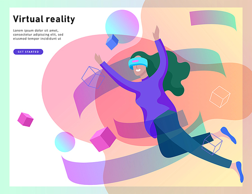 Man and woman wearing virtual reality headset and looking at abstract sphere. Colorful vr world. Virtual augmented reality glasses concept with people learning and entertaining. Landing page template