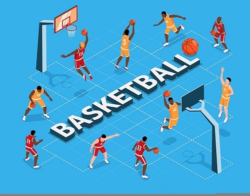 Isometric flowchart with two teams playing basketball on blue background 3d vector illustration