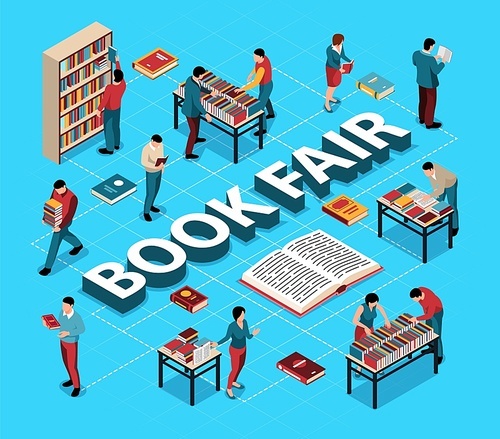People choosing books at literature fair isometric flowchart on blue background 3d vector illustration