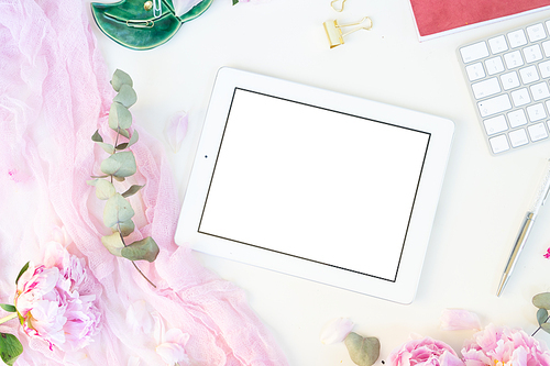 Creative wedding planner composition mock up, pink blanket, fresh flowers on white background with copy space. Flat lay, top view stylish art concept.