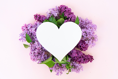 Fresh lilac flowers over pink background with copy space on heart shaped paper note, flat lay floral composition