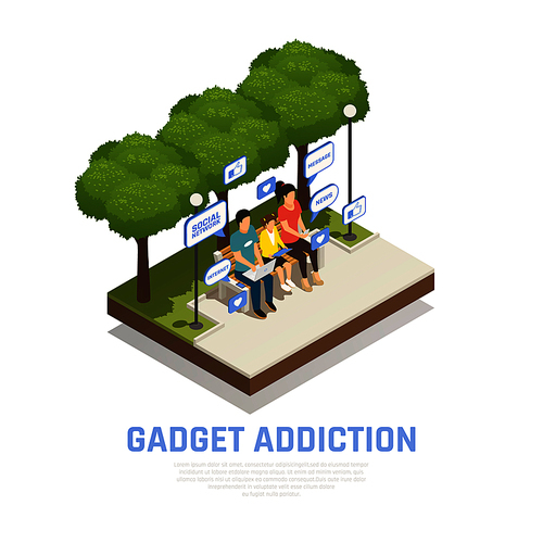 Internet smartphone gadget addiction isometric composition with outdoor scenery images and family with thought bubble pictograms vector illustration