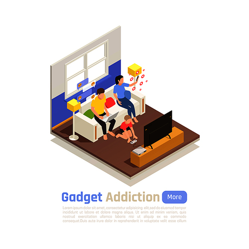 Social network addiction isometric background with domestic environment and family characters unable to put down gadgets vector illustration