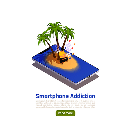 Social network addiction isometric background with conceptual image of smartphone island with palms button and text vector illustration