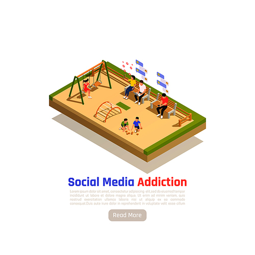 Social network addiction isometric background with view of childrens playground and parents staring at their smartphones vector illustration