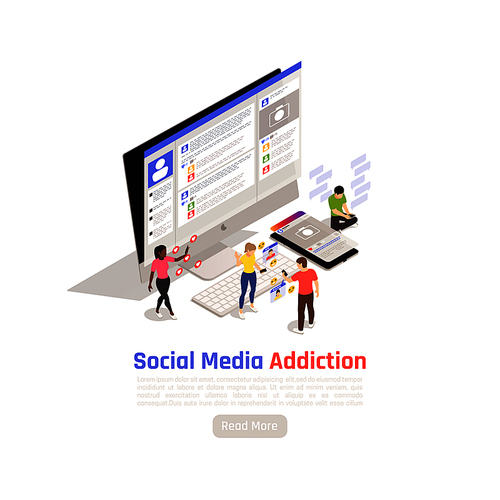Social network addiction isometric background with images of desktop computer human characters and text with button vector illustration