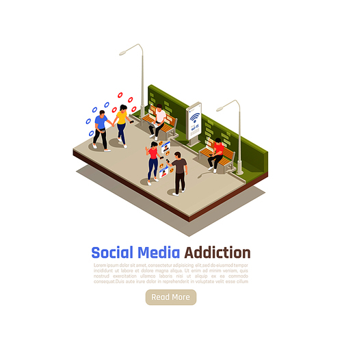 Social network addiction isometric background composition with read more button editable text and outdoor parkway scenery vector illustration