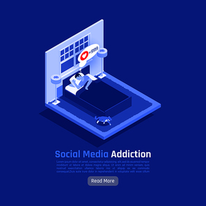 Social network addiction isometric background composition with text more button and sleeping man dreaming of likes vector illustration