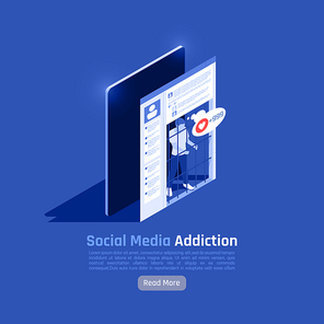 Social network addiction isometric background composition with more button text and images of human in cage vector illustration