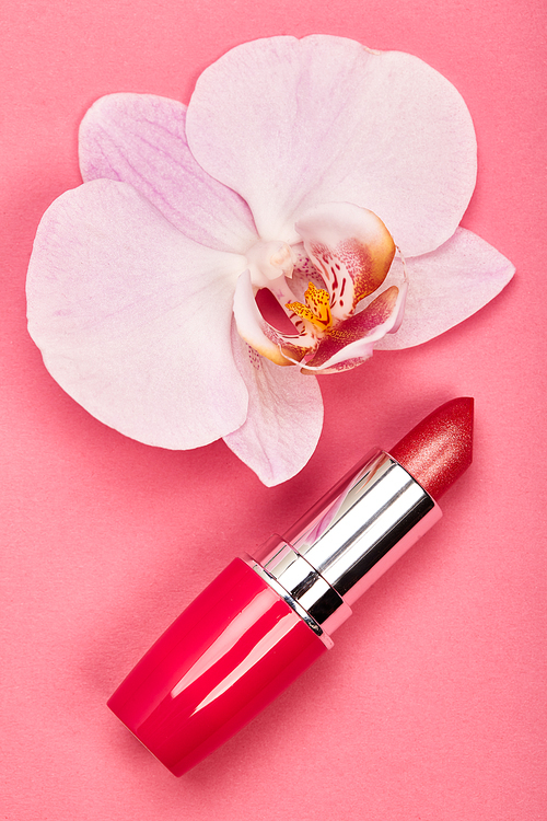 Fashionable Women's Cosmetics and Accessories. Falt Lay. Red Lipstick. Beautiful Orchid Flower. Make Up Cosmetic items Top View