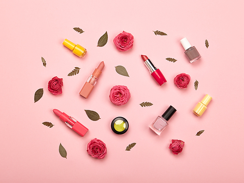 Fashionable Women's Cosmetics and Accessories. Falt Lay. Nail Polish and Lipstick. Beautiful Roses Flower. Make Up Cosmetic items Top View