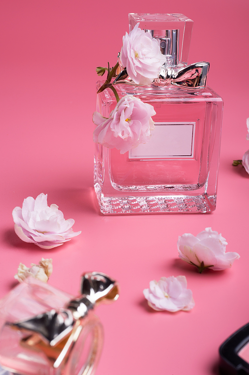 Saint-Petersburg, Russia - augest 30, 2019: Dior perfume - Miss Dior Blooming bouguet  around pink  background
