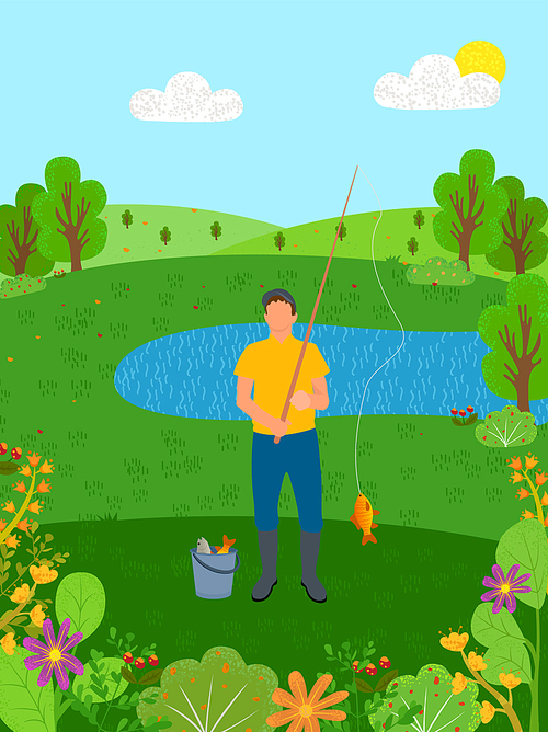 Person with fishing rod vector, male standing on bank of river, hobby of man with bucket and caught fish on lace. Park with trees, eco clean nature