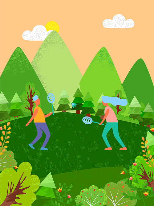 Woman and man playing tennis together vector, person holding racket, male and female in park hills and mountains, trees and bushes, sunny day fauna