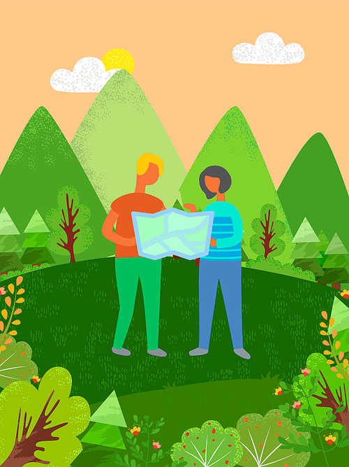 Traveling people reading map vector, man and woman on vacation in forest, couple standing in park with atlas on paper, recreating by mountains nature
