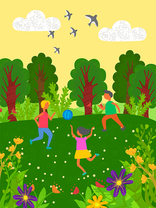 Children playing in group vector, boys and girls with inflatable ball outdoors activities of kids, swallows flying in sky. Forest with trees and flowers