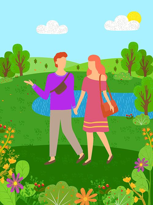 Hello summer, man and woman spend time together on nature near lake or river. Vector cartoon people walking in forest among green trees and flowers