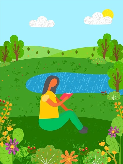 Woman reading book surrounded by nature vector, person sitting by lake pond water and trees, bushes and flowers, hills and sunshine, vacation of lady