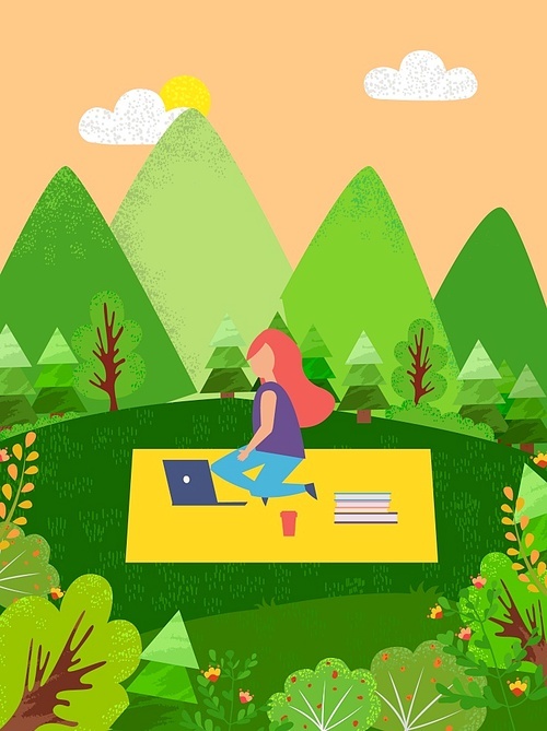 Woman working with laptop in park vector, lady with computer sitting on mat with books and supplies for work, distant worker in forest on vacation