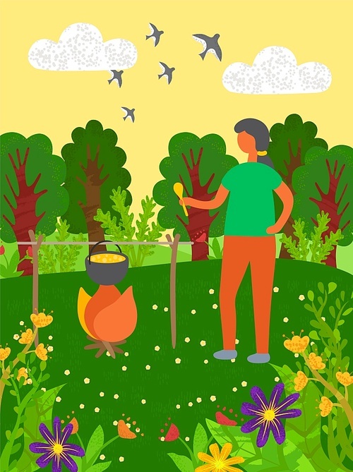 Camping and active holidays activities vector, woman cooking using metal pot and bonfire, person on nature surrounded by trees and bushes with flowers