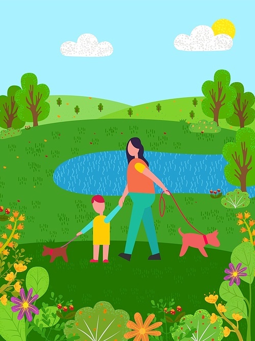 Summer scenery vector, pond mother and son eco clean nature. Forest with lake family walking with dog blue sky and blooming flowers bushy trees flat style