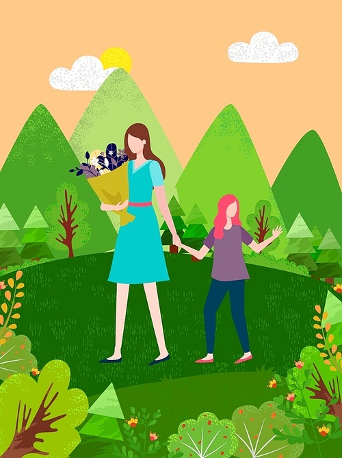 Mother and daughter in summer cloth walking together cartoon characters. Vector people, mom and girl spend time together in park, flat style design
