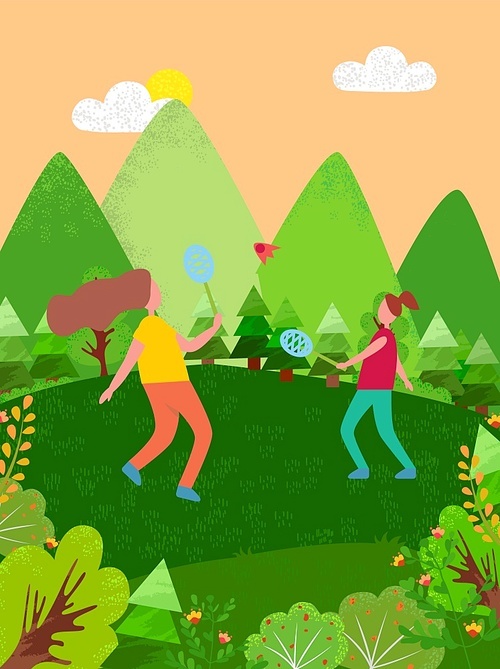 People playing badminton together vector, team of females outdoor games for teens, mountains and trees of forest, active lifestyle and summer fun
